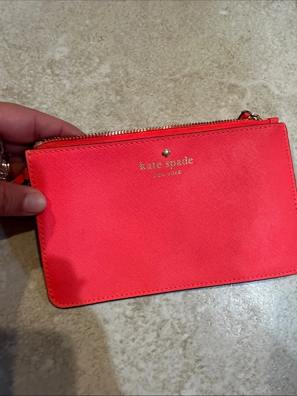 Kate Spade Saffiano Leather Neon Coral Small Wristlet Wallet Micro Bag